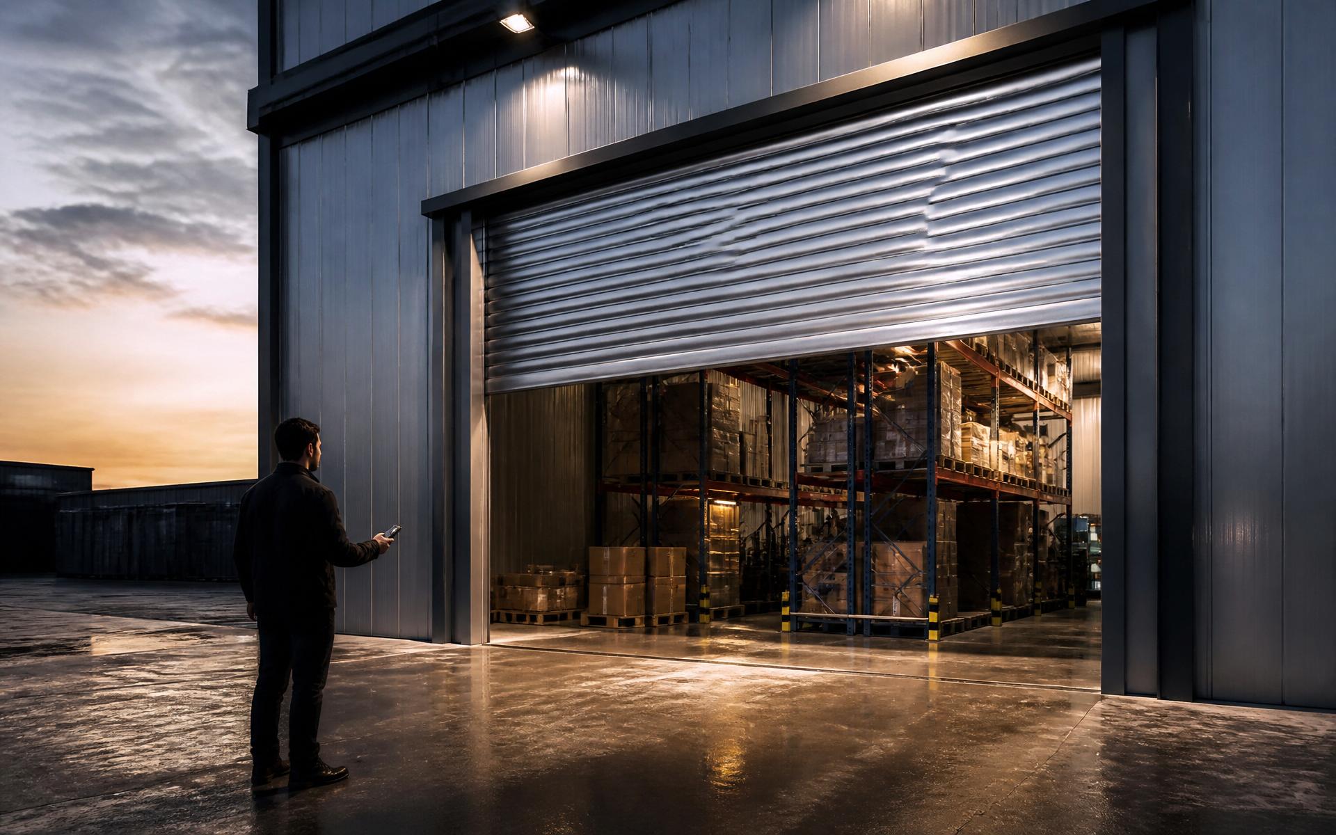 Cortina metálica europea automatizada semiabierta en nave industrial